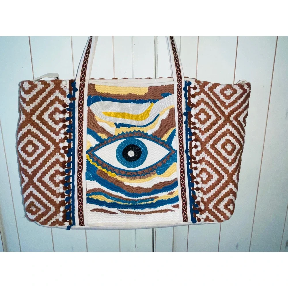 America & Beyond Beaded Evil Eye Tote Bag Southwestern Jacquard Shoulder Bag